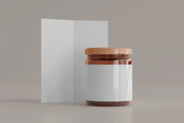 Blanco Label Amber Glass Food Jar Met Fold Brochure Rendering — Stockfoto