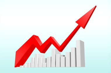 Kırmızı ok yeşil çubukta. Ekonomik ve finansal istatistikleri gösterir. 3D Render.