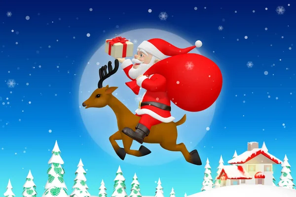 Santa Claus Rides Flying Deer Air Brought Gifts Sleeping Children — Stock Photo, Image