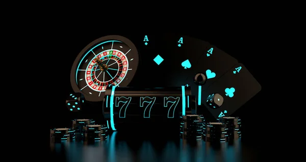Lucky seven 777 slot machine, playing cards and dice. Vegas casino game. Chance of good luck in gambling. 3d rendering.