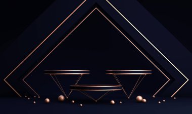 Podyum, kaide veya platform, kozmetik ürünlerin sunumu için arka plan. Üç boyutlu podyum. Ad.3D için podyum geometrisinin elementlerle birleştirilmesi. Ürün sunumu boş podyum.