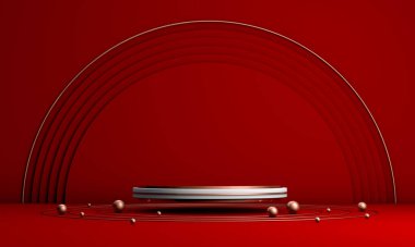 Podyum, kaide veya platform, kozmetik ürünlerin sunumu için arka plan. Üç boyutlu podyum. Ad.3D için podyum geometrisinin elementlerle birleştirilmesi. Ürün sunumu boş podyum.