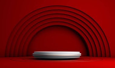 Podyum, kaide veya platform, kozmetik ürünlerin sunumu için arka plan. Üç boyutlu podyum. Ad.3D için podyum geometrisinin elementlerle birleştirilmesi. Ürün sunumu boş podyum.