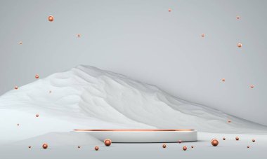 Podyum, kaide veya platform, kozmetik ürünlerin sunumu için arka plan. Üç boyutlu podyum. Ad.3D için podyum geometrisinin elementlerle birleştirilmesi. Ürün sunumu boş podyum.