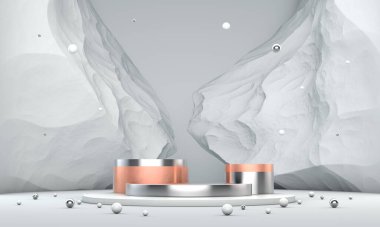 Podyum, kaide veya platform, kozmetik ürünlerin sunumu için arka plan. Üç boyutlu podyum. Ad.3D için podyum geometrisinin elementlerle birleştirilmesi. Ürün sunumu boş podyum.