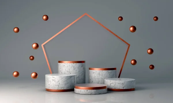 Podyum, kaide veya platform, kozmetik ürünlerin sunumu için arka plan. Üç boyutlu podyum. Ad.3D için podyum geometrisinin elementlerle birleştirilmesi. Ürün sunumu boş podyum.