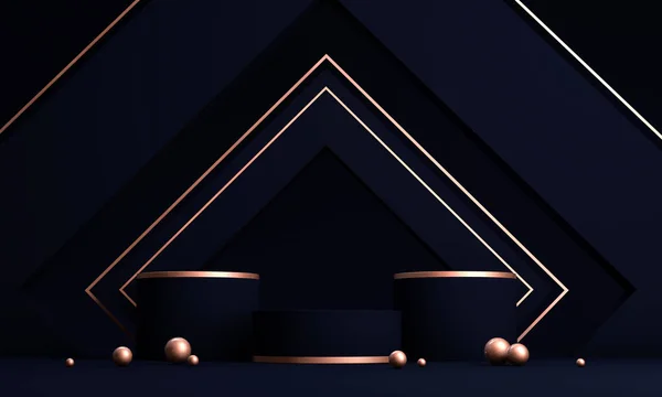 Podyum, kaide veya platform, kozmetik ürünlerin sunumu için arka plan. Üç boyutlu podyum. Ad.3D için podyum geometrisinin elementlerle birleştirilmesi. Ürün sunumu boş podyum.