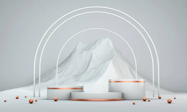 Podyum, kaide veya platform, kozmetik ürünlerin sunumu için arka plan. Üç boyutlu podyum. Ad.3D için podyum geometrisinin elementlerle birleştirilmesi. Ürün sunumu boş podyum.