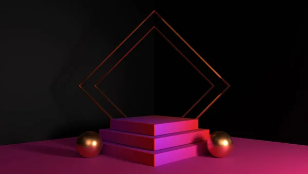 Podyum, kaide veya platform, kozmetik ürünlerin sunumu için arka plan. Üç boyutlu podyum. Ad.3D için podyum geometrisinin elementlerle birleştirilmesi. Ürün sunumu boş podyum.