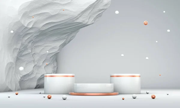 Podyum, kaide veya platform, kozmetik ürünlerin sunumu için arka plan. Üç boyutlu podyum. Ad.3D için podyum geometrisinin elementlerle birleştirilmesi. Ürün sunumu boş podyum.