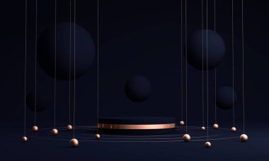 Podyum, kaide veya platform, kozmetik ürünlerin sunumu için arka plan. Üç boyutlu podyum. Ad.3D için podyum geometrisinin elementlerle birleştirilmesi. Ürün sunumu boş podyum.