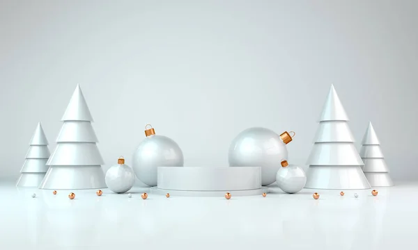 Kürsüyle, Noel ağacıyla ve hediyelerle mutlu yıllar. Ürün sunumu boş podyum. Podyum, kaide veya platform, kozmetik ürünlerin sunumu için arka plan. 3B görüntüleme.