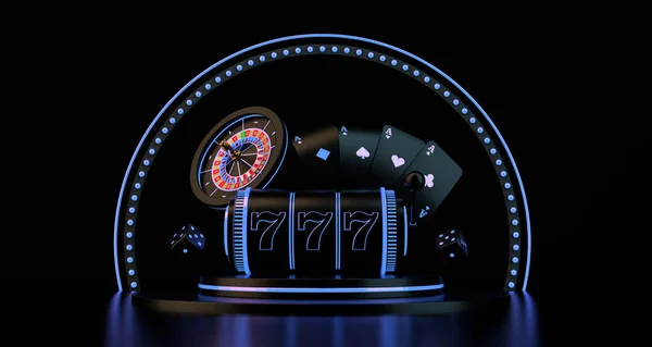 Kumar konsepti. Kumarhane ruleti, kumarhane fişleri ve zarları olan şanslı 777 slot makinesi. Kumarhane elemanlarıyla podyum. 3d oluşturma.