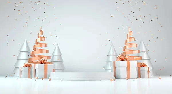 Yeni yılınız kutlu olsun. Ya da Noel arkaplanınız kutlu olsun. Podyum ve Noel süsleriyle. 3B görüntüleme