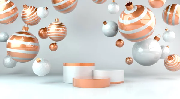 Yeni yılınız kutlu olsun. Ya da Noel arkaplanınız kutlu olsun. Podyum ve Noel süsleriyle. 3B görüntüleme