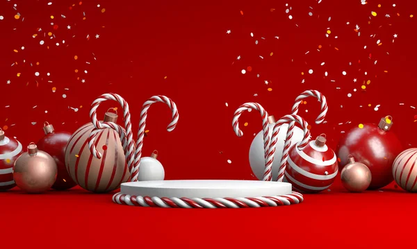 Yeni yılınız kutlu olsun. Ya da Noel arkaplanınız kutlu olsun. Podyum ve Noel süsleriyle. 3B görüntüleme