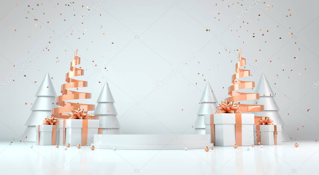Happy New Year or Christmas Background With Podium and Christmas decorations. 3D rendering