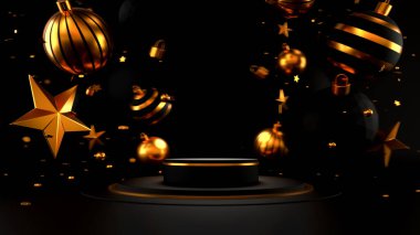 Yeni yılınız kutlu olsun. Ya da Noel arkaplanınız kutlu olsun. Podyum ve Noel süsleriyle. 3B görüntüleme