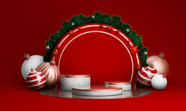 Yeni yılınız kutlu olsun. Ya da Noel arkaplanınız kutlu olsun. Podyum ve Noel süsleriyle. 3B görüntüleme