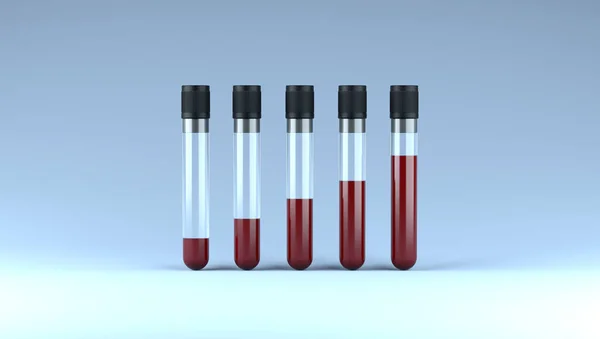 Medical test tubes with blood on blue background. 3D rendering