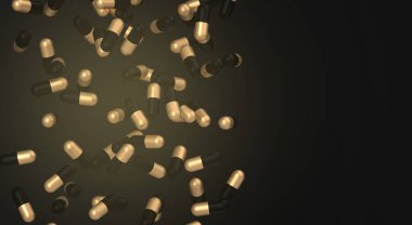 Levitation hapları. Siyah arka planda düşen haplar. Haplar. İlaç ve sağlıklı. Kapsülleri kapatın. Hapın farklı görüntüsü. Sağlığa. 3d oluşturma