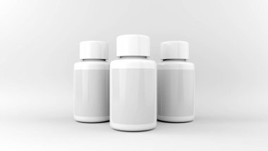 Beyaz arka planda bir kavanoz hap. Virüslere karşı antibiyotikler. Vitaminler 3d oluşturma.
