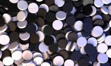 Siyah beyaz haplar. Arka planda ilaç hapları var. İlaçlar, virüsün tedavisi. Vitaminli ya da biyo takviyeli haplar. 3d illüstrasyon.