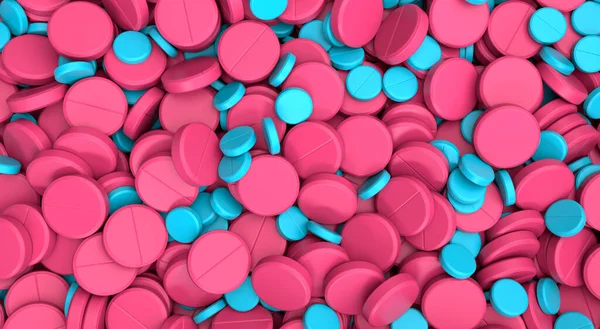 Blue and pink pills. Medicine pills on background. Top view on pills The cure for the virus. Pills with Vitamins or Bio Supplements. 3d illustration.