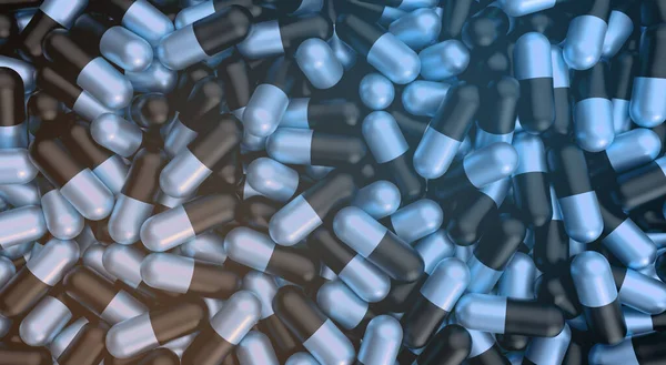 Medicine pills on background. Black and blue pills. Top view on pills The cure for the virus. Pills with Vitamins or Bio Supplements. 3d illustration.