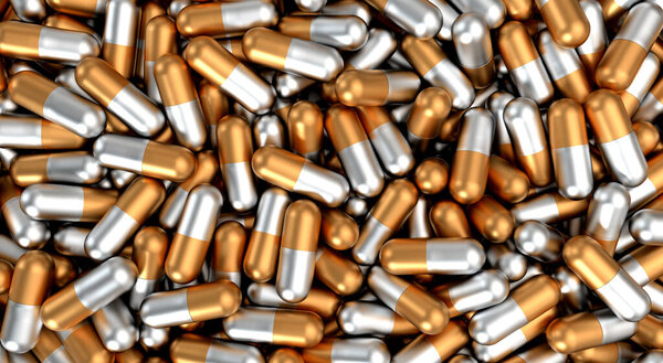 Medicine pills on background. White and gold pills. Top view on pills The cure for the virus. Pills with Vitamins or Bio Supplements. 3d illustration.