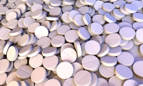 White pills. Medicine pills on background. Top view on pills The cure for the virus. Pills with Vitamins or Bio Supplements. 3d illustration.