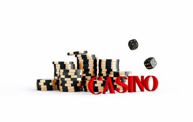 Kumarhane kavramı. Bir yığın siyah ve altın çip. Metnin ana gövdesi. İnternetteki kumarhane konsepti. Düşen poker fişleri ve zarlar. 3d oluşturma.