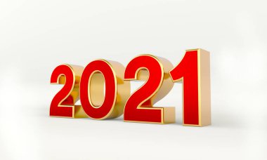 Yeni yıl 2021. Yeni yıl geçmişi. Beyaz arka planda kırmızı sayılar. Yeni yıl afişi. 3d oluşturma.