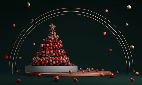 Noel arkaplanı. Noel ağacı şeklinde parlak noel baloları. Kürsüde yeni yıl ağacı. Yeni yıl. Şenlik arka planı. 3d oluşturma.