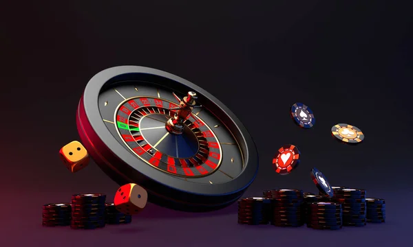Siyah arka planda kumarhane ruleti. Siyah arka planda kumarhane fişi ve zarları. Kumarhane geçmişi. 3d oluşturma.