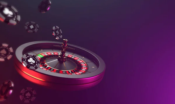 Roulette casino on a dark background. Dynamic falling of casino chips and roulette on a dark background. Casino background. 3d rendering.