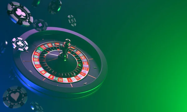 Karanlık bir arka planda rulet kumarhanesi. Kumarhane fişleri ve ruletin karanlık arka planda dinamik düşüşü. Kumarhane geçmişi. 3d oluşturma.