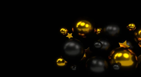Black and gold balls on a black background. Flying glossy gold and matte black balloons. Golden stars. 3d rendering