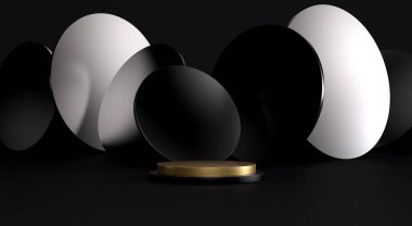 Podyum, kaide veya platform, kozmetik ürünlerin sunumu için arka plan. Üç boyutlu podyum. Ad.3D için podyum geometrisinin elementlerle birleştirilmesi. Ürün sunumu boş podyum.