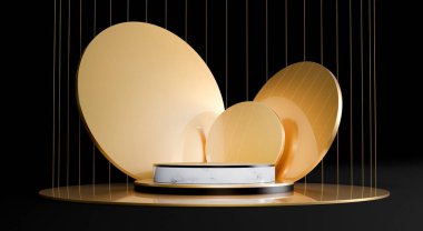 Podyum, kaide veya platform, kozmetik ürünlerin sunumu için arka plan. Üç boyutlu podyum. Ad.3D için podyum geometrisinin elementlerle birleştirilmesi. Ürün sunumu boş podyum.