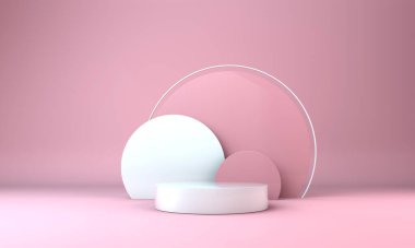Podyum, kaide veya platform, kozmetik ürünlerin sunumu için arka plan. Üç boyutlu podyum. Ad.3D için podyum geometrisinin elementlerle birleştirilmesi. Ürün sunumu boş podyum.