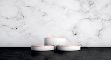 Podyum, kaide veya platform, kozmetik ürünlerin sunumu için arka plan. Üç boyutlu podyum. Reklamlar için yer. 3 boyutlu podyum geometrisini elementlerle donatmak. Ürün sunumu boş podyum.