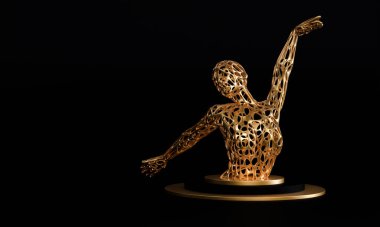 Siyah arka planda donmuş bir poz veren manken. Donmuş dans pozu. 3d oluşturma.