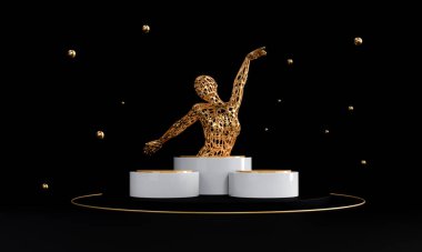 Siyah arka planda donmuş bir poz veren manken. Donmuş dans pozu. Podyum, kaide veya platform, kozmetik ürünlerin sunumu için arka plan. 3d oluşturma.