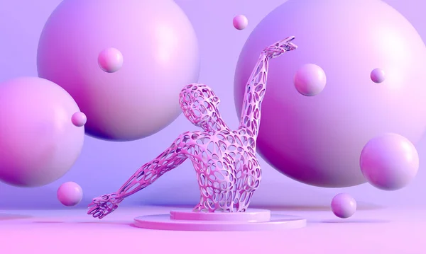 Pembe arka planda donmuş vaziyette duran manken. Donmuş dans pozu. 3d oluşturma.