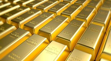 Altın külçeleri yakın plan. Altın külçeleri, bir altın külçesinin ağırlığı 1000 gram. Zenginlik ve ihtiyat kavramı. İş ve finans başarısı kavramı. 3d oluşturma.