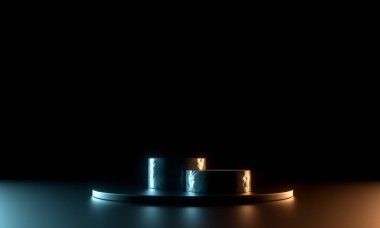 Podyum, kaide veya platform, kozmetik ürünlerin sunumu için arka plan. Üç boyutlu podyum. Reklamlar için yer. 3 boyutlu podyum geometrisini elementlerle donatmak. Ürün sunumu boş podyum.