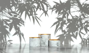 Podyum, kaide veya platform, kozmetik ürünlerin sunumu için arka plan. Üç boyutlu podyum. Reklamlar için yer. 3 boyutlu görüntüleme. Ürün sunumu boş podyum.