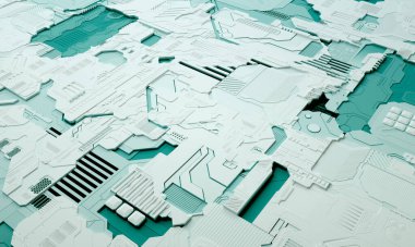 Mikro çipli ve işlemcili fütüristik elektronik devre kartının makro çizimi. Teknoloji geçmişi kavramı. Bilgisayar mikroçipi, elektronik mikroçip. 3B görüntüleme.