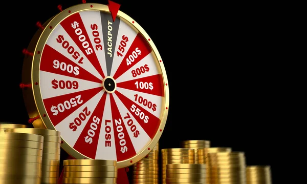 Wheel of fortune on black background for gambling and lottery winning concept. Wheel of fortune to play and win the jackpot. 3D rendering.